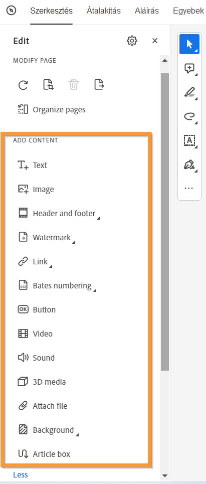 Tartalom hozzáadása PDF-hez – bővített nézet