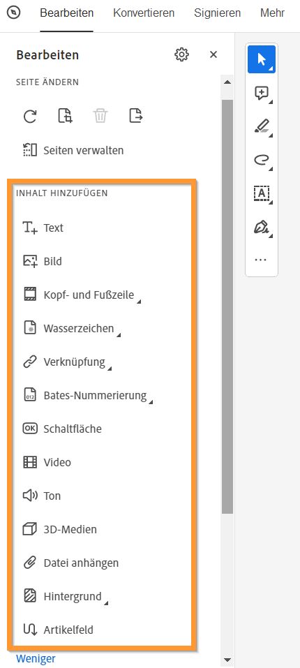 Hinzufügen von Inhalten zu PDF-Dateien – erweiterte Ansicht