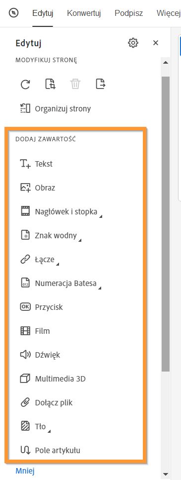 Dodaj zawartość do pliku PDF – widok rozwinięty