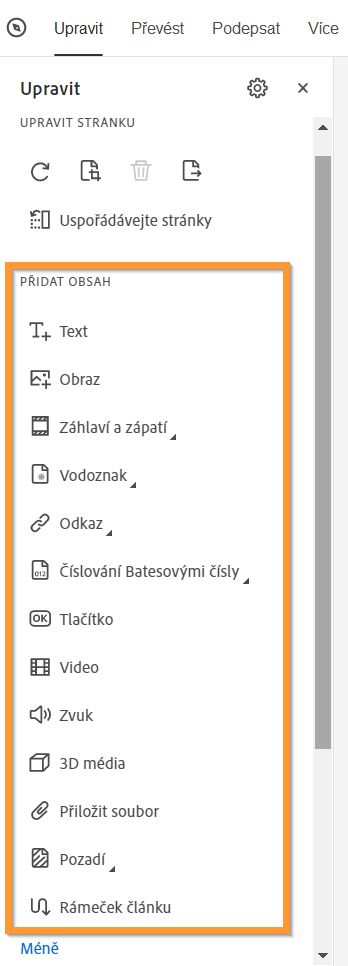 Přidání obsahu do souboru PDF – rozšířené zobrazení