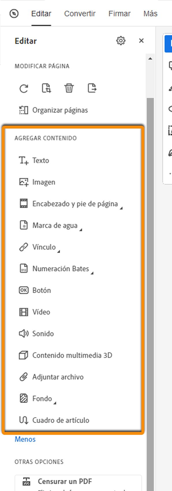 Añadir contenido al PDF: vista expandida