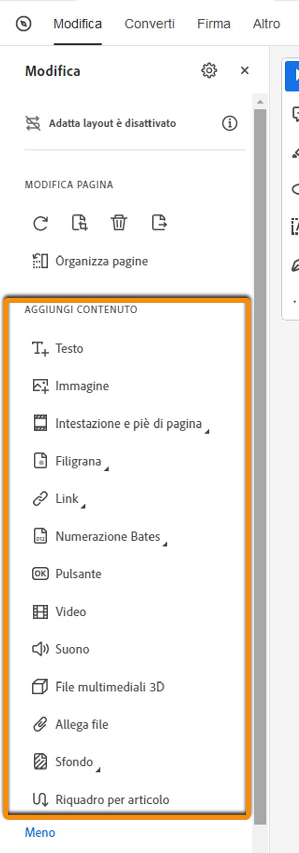 Aggiungere contenuti a un PDF - Vista espansa