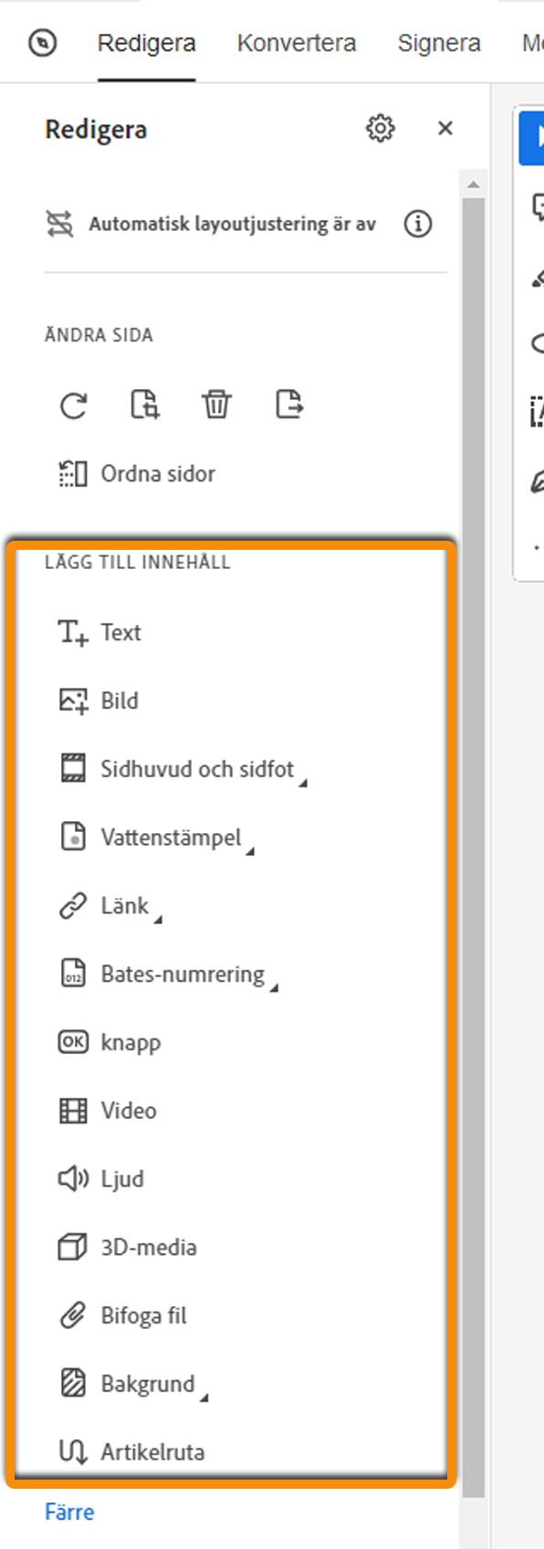 Lägg till innehåll i PDF – utökad vy