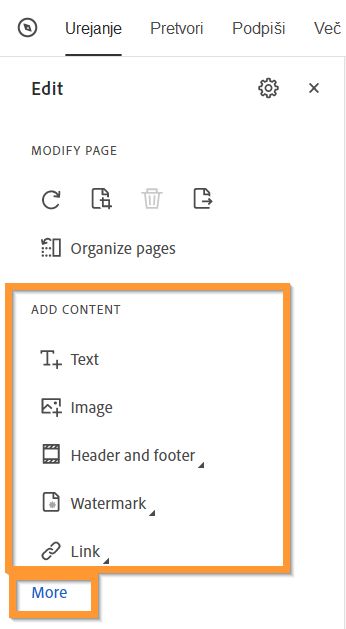 Dodajanje vsebine v PDF – pomanjšan pogled