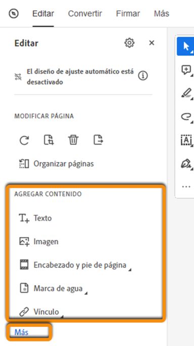 Añadir contenido al PDF: vista minimizada