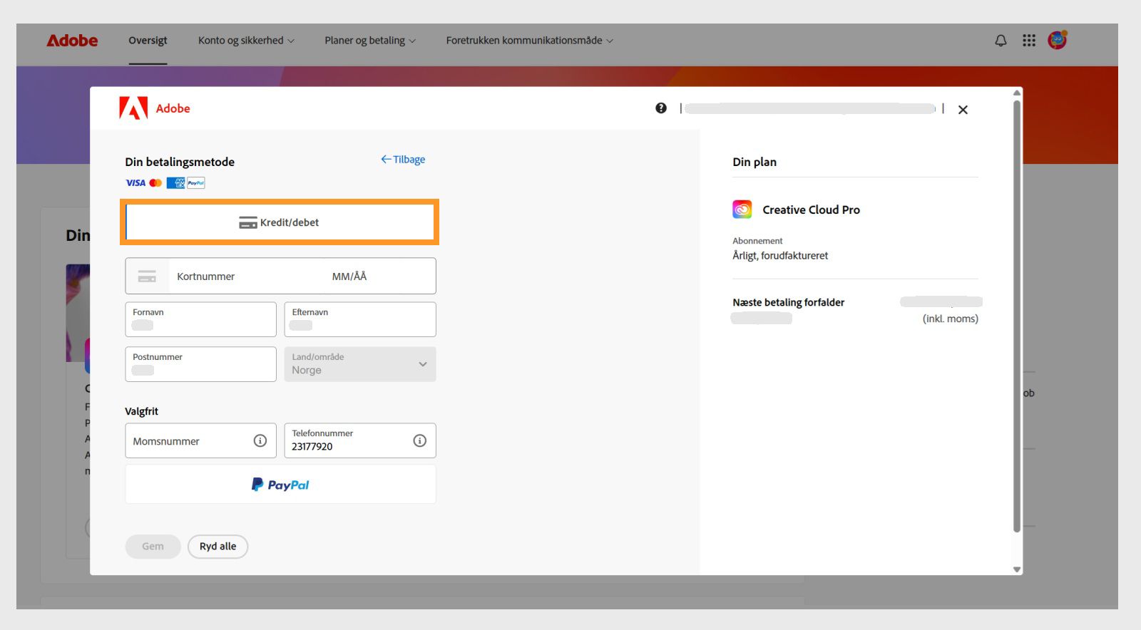 Vinduet Din betalingsmetode viser tilgængelige betalingsmetoder. Når du vælger en betalingsmetode, vises felter til indtastning af betalingsoplysninger. 
