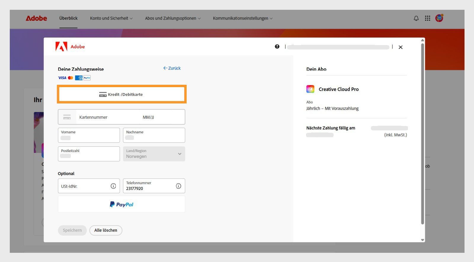 Das Fenster „Ihre Zahlungsmethode“ zeigt die verfügbaren Zahlungsmethoden an. Bei Auswahl einer Zahlungsmethode werden Felder zur Eingabe der Zahlungsdetails angezeigt. 
