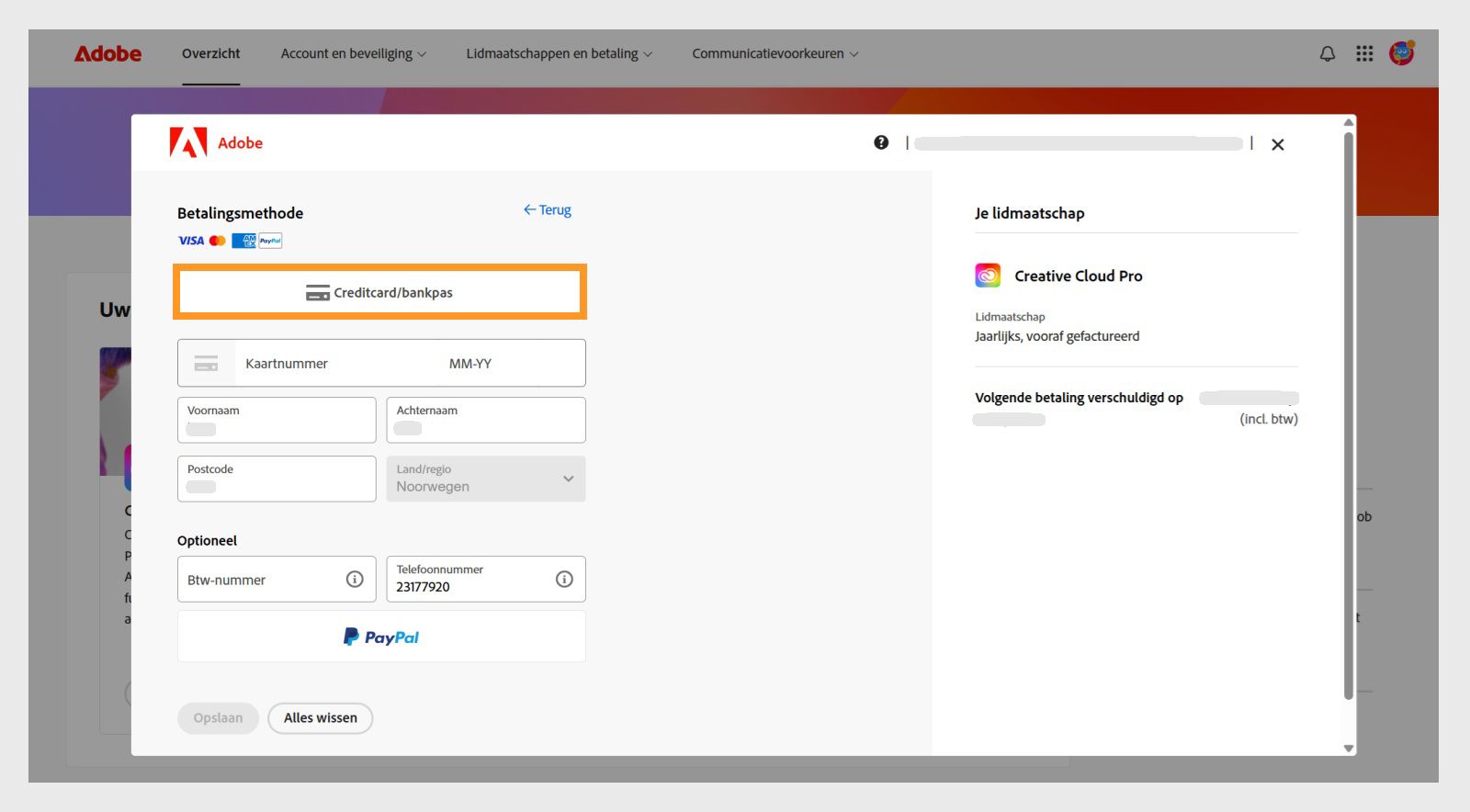 Het venster Je betaalmethode toont de beschikbare betaalmethoden.Bij het selecteren van een betaalmethode worden velden weergegeven om betalingsgegevens in te voeren.