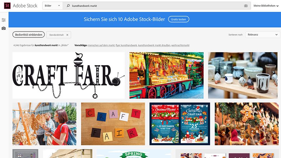 Browser-Fenster mit der Website von Adobe Stock und dem Begriff „kunsthandwerk markt“ im Suchfeld