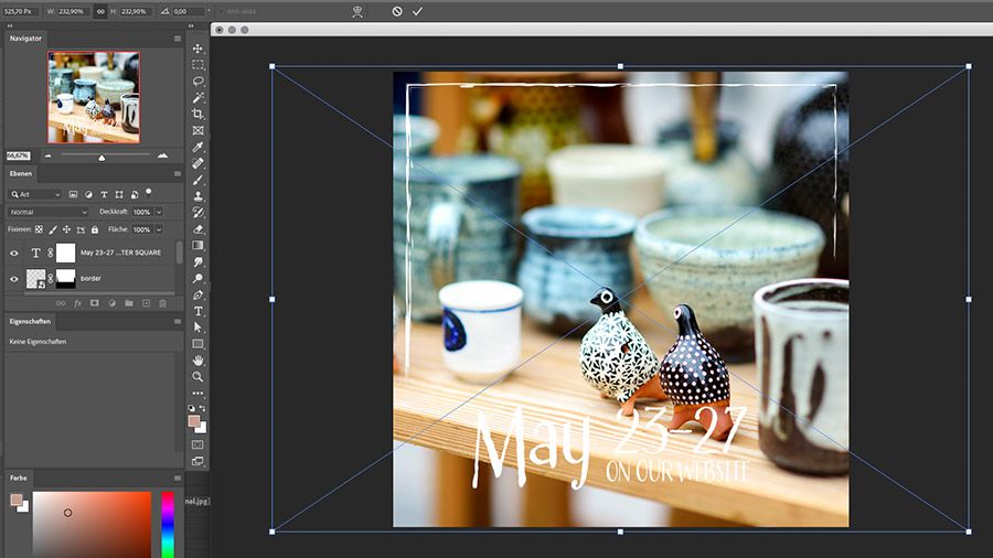 Adobe Stock-Bild handgefertigter Tonvögel, das aus einer Creative Cloud-Bibliothek in Photoshop gezogen wurde.