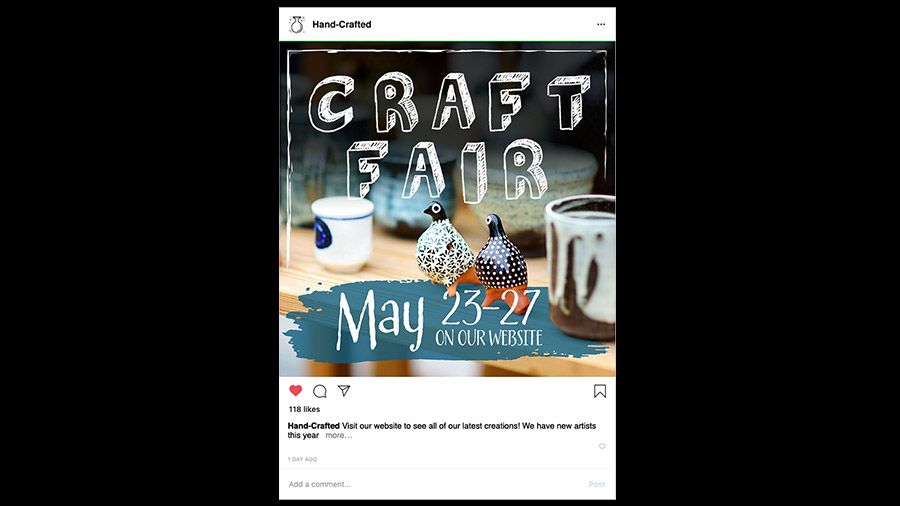 Instagram-Post, für den die Titelgrafik „Craft Fair“ in handgezeichneten Buchstaben über ein Adobe Stock-Bild gelegt wurde.