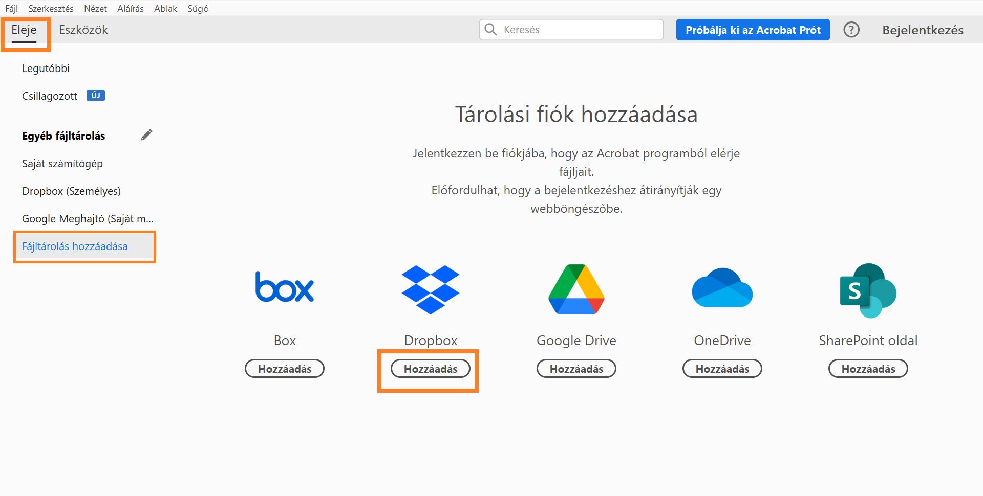 Dropbox hozzáadása