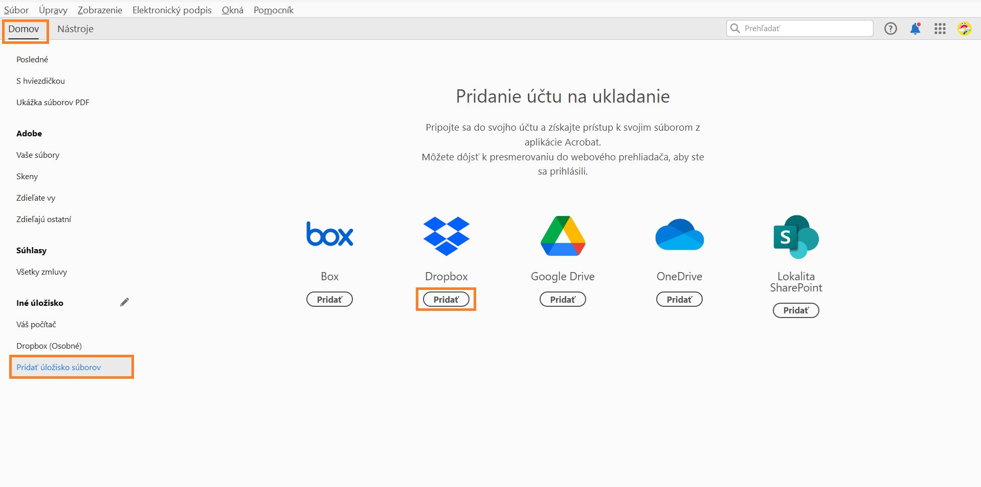 Pridať Dropbox