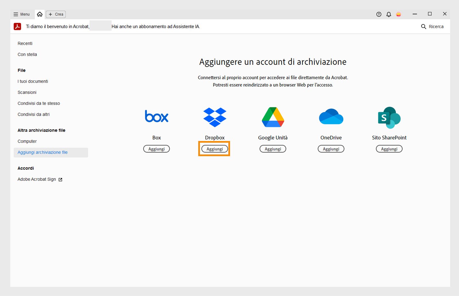 Viene visualizzata la finestra Aggiungi account di archiviazione
