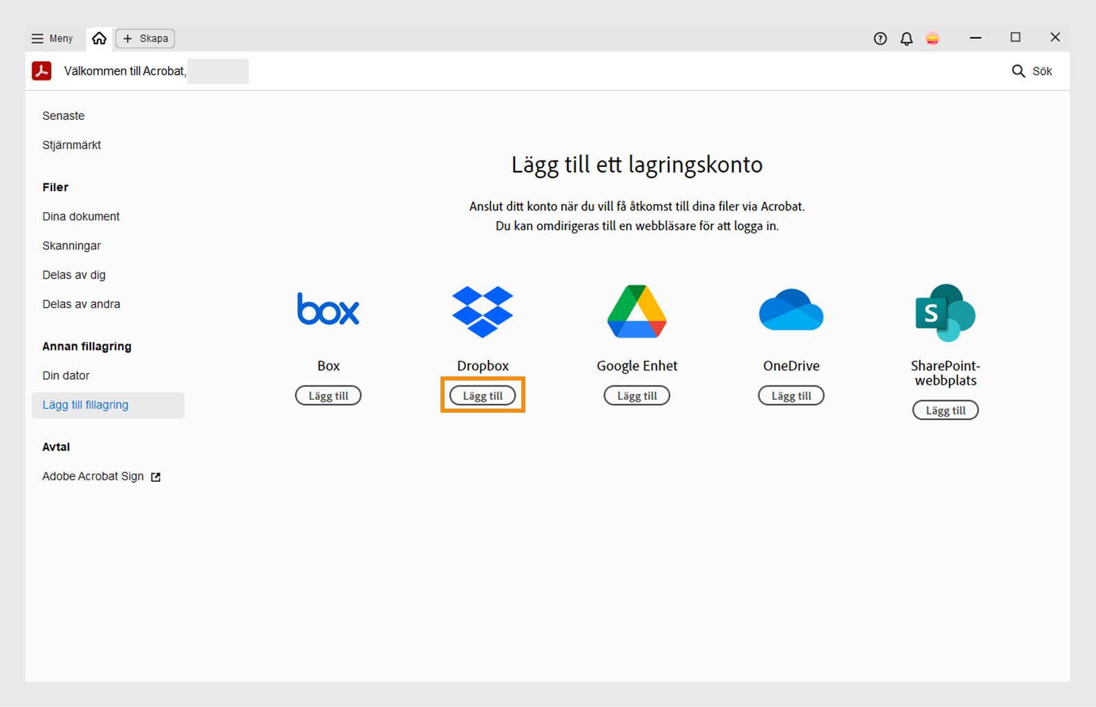Fönstret Lägg till ett lagringskonto visas