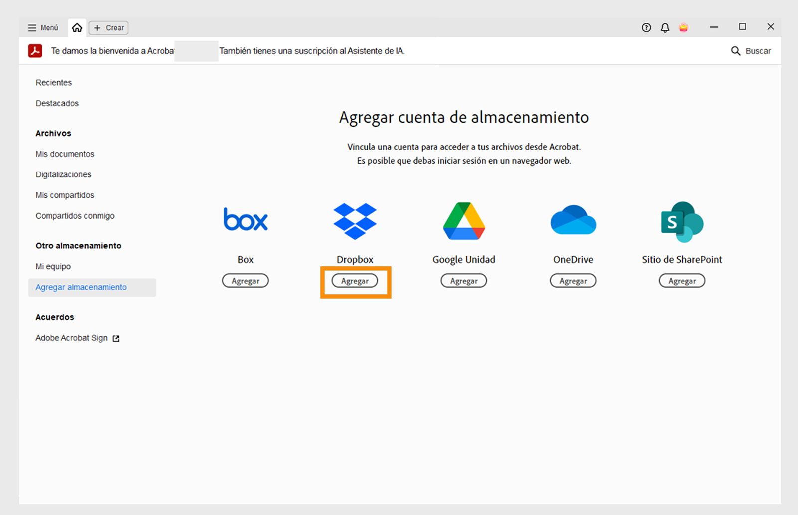 Se muestra la ventana Añadir una cuenta de almacenamiento