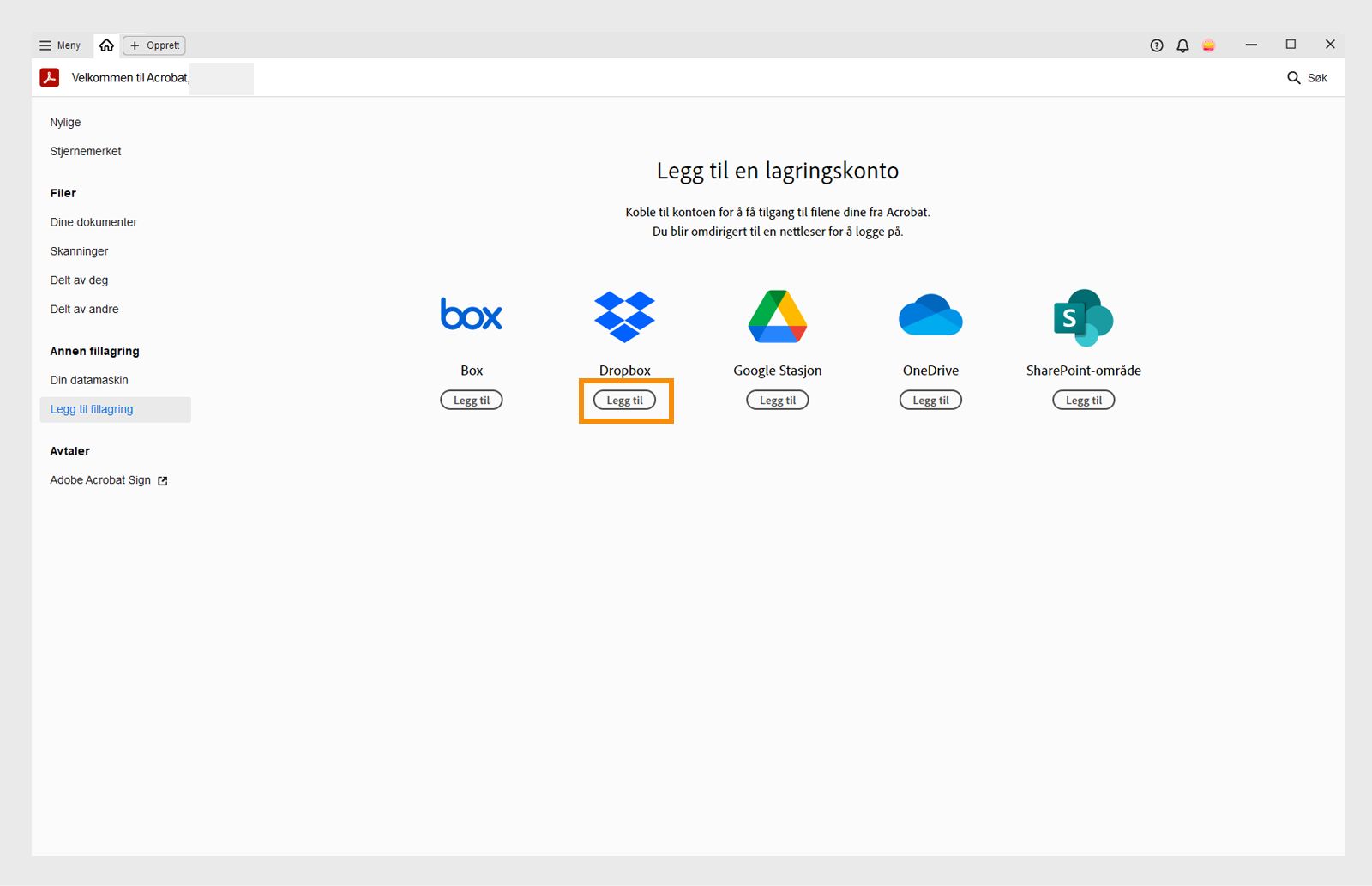 Vinduet Legg til en lagringskonto vises