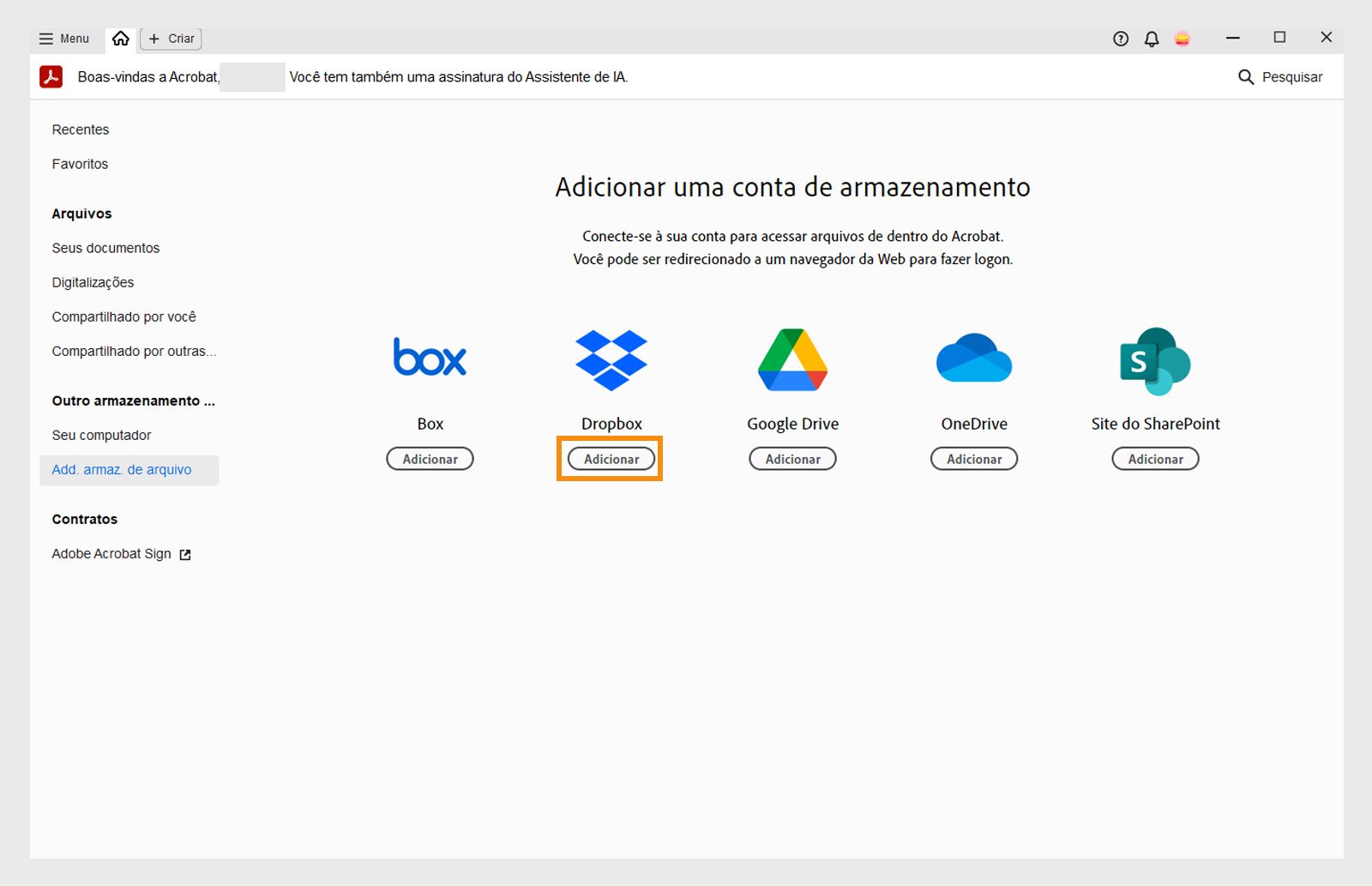 A janela Adicionar uma conta de armazenamento é exibida