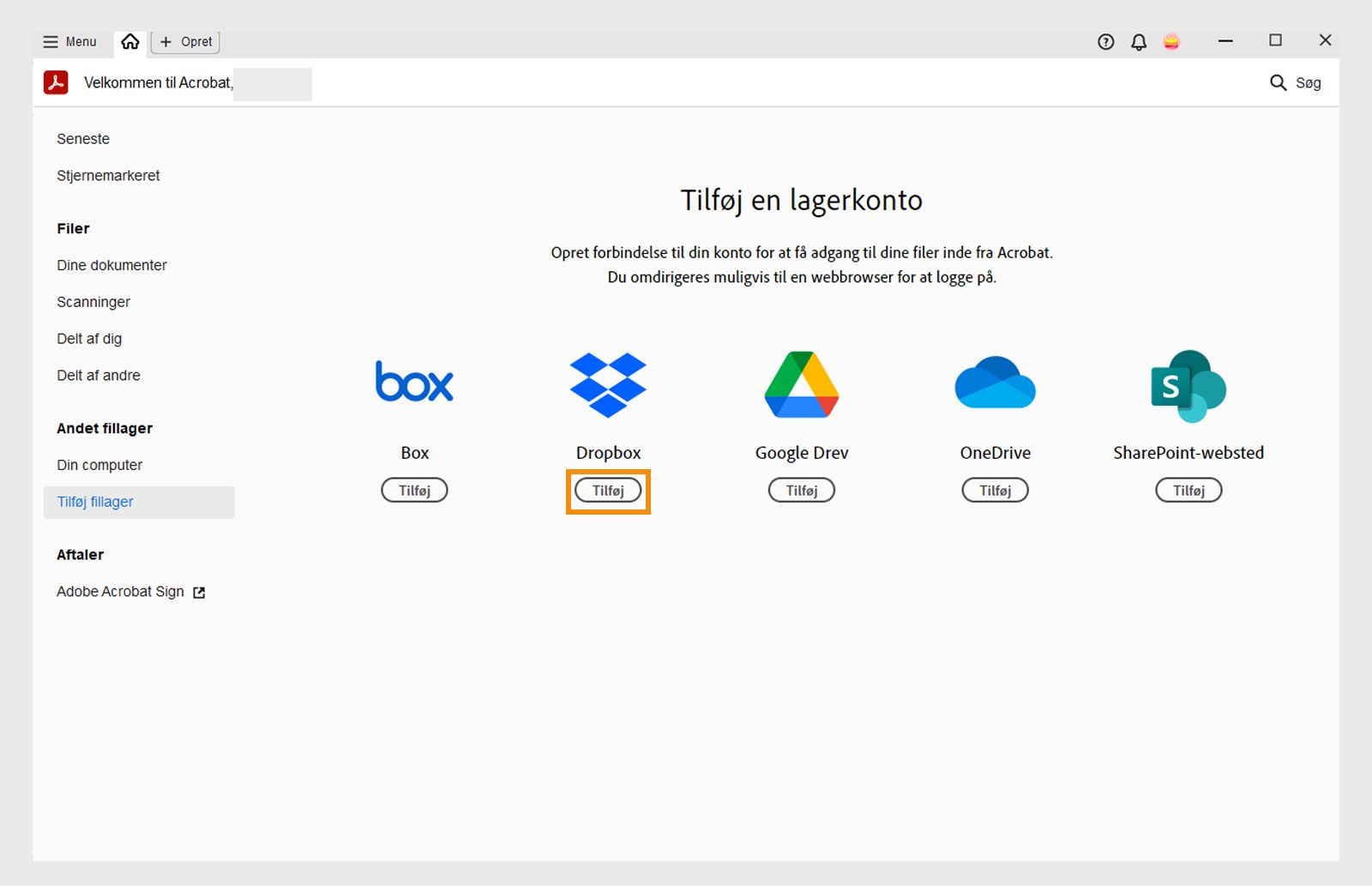 Vinduet Tilføj en lagerkonto vises