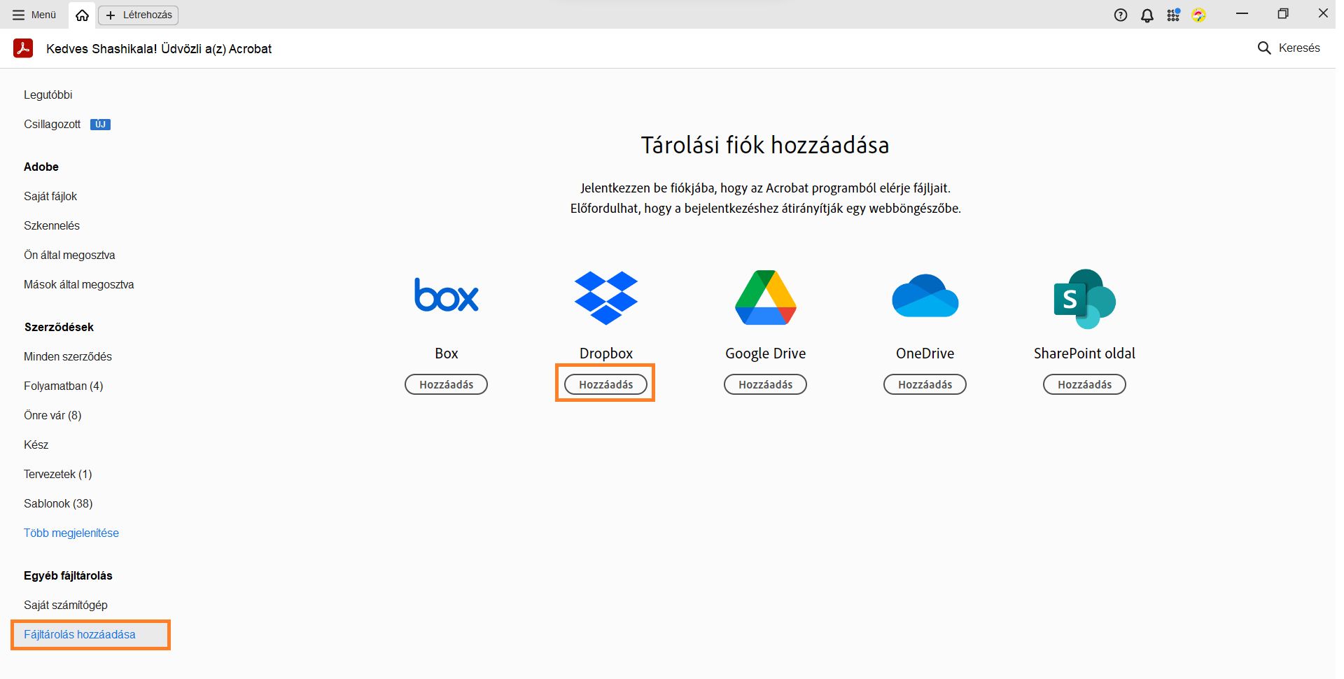Megjelenik a tárolási fiók hozzáadása ablak