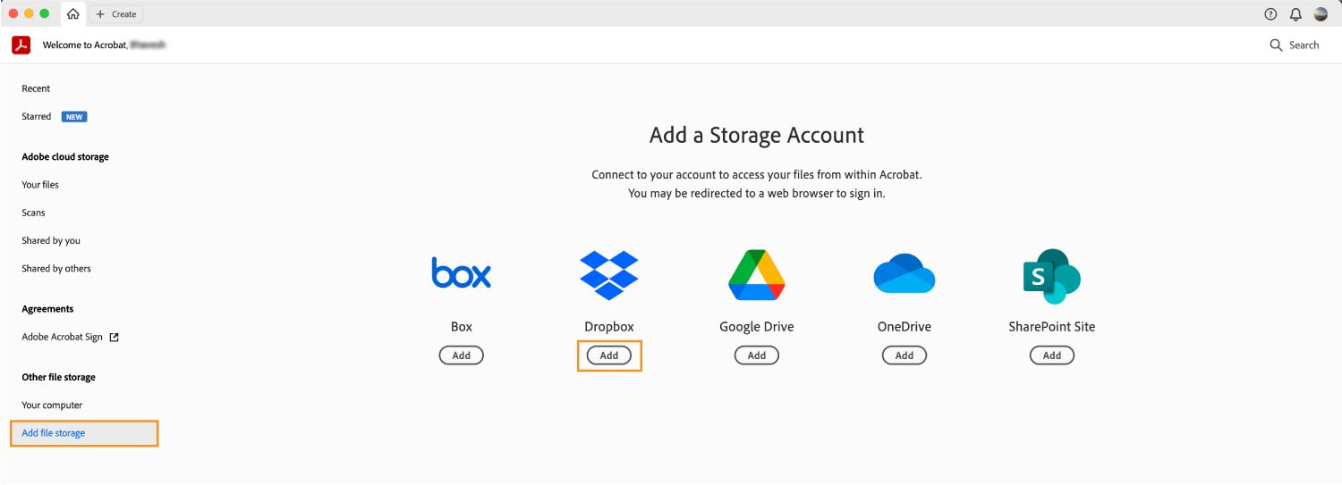 يتم عرض نافذة Add a storage account