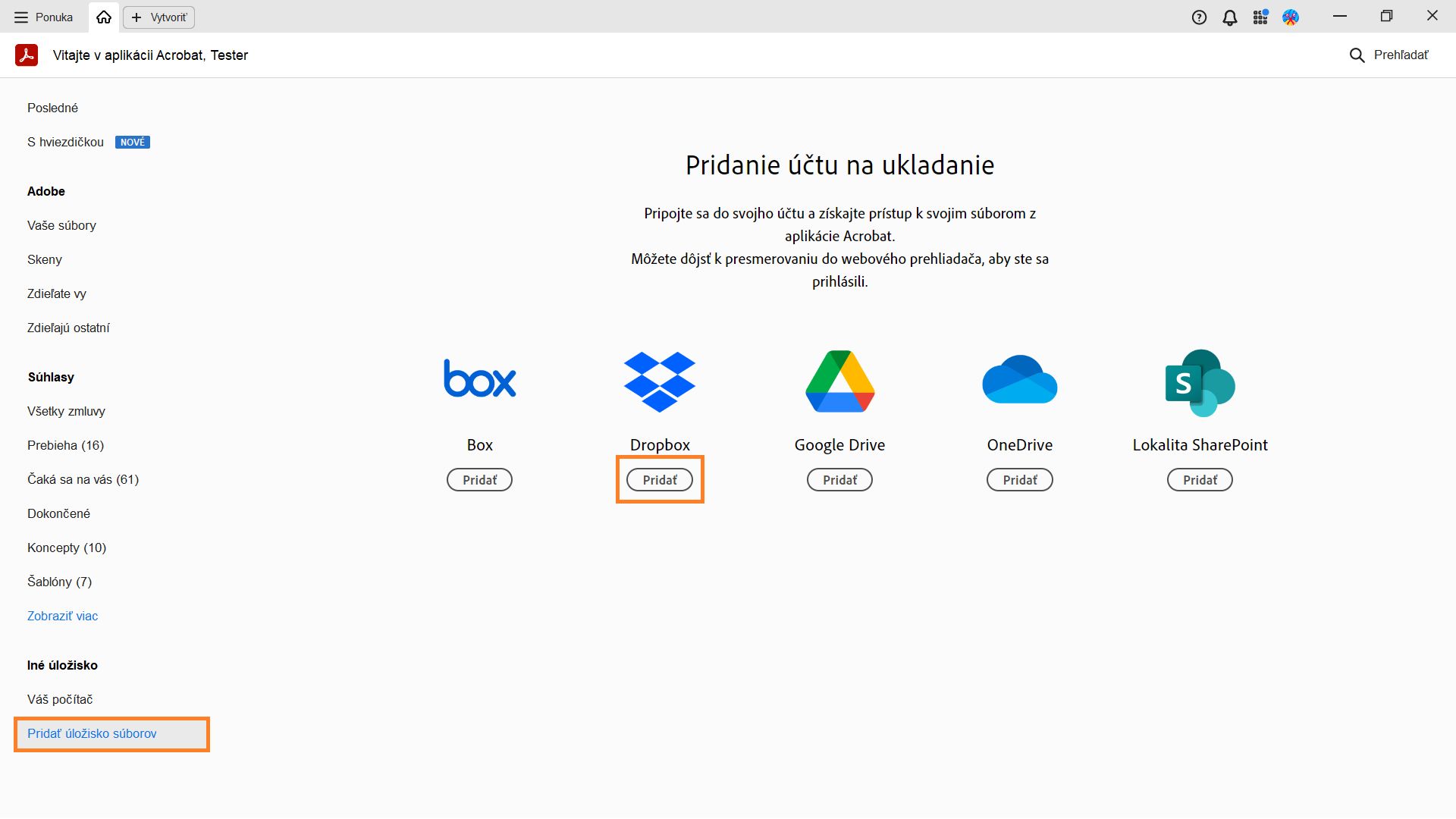 Zobrazí sa okno Pridať účet úložiska