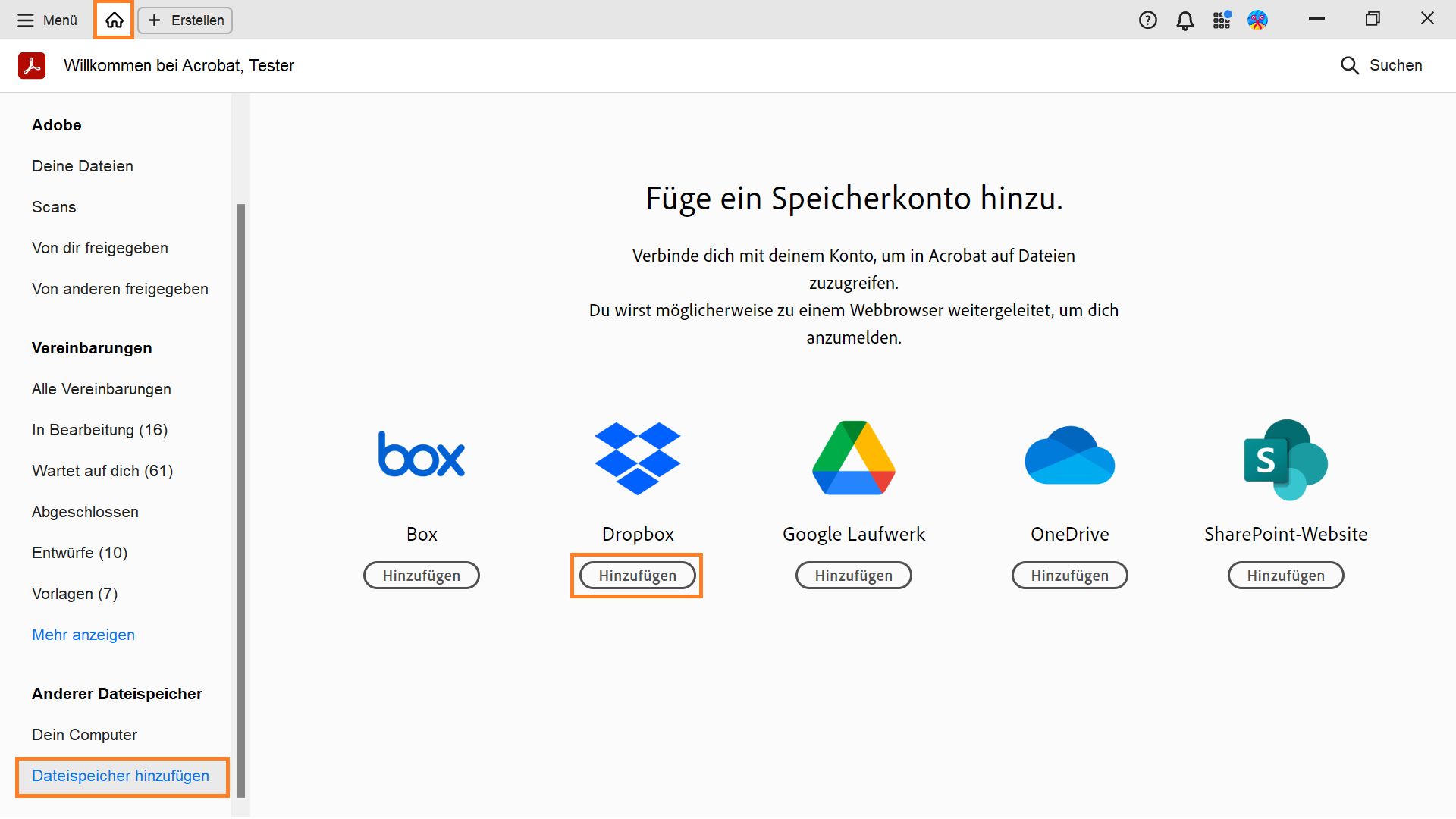 Fenster zum Hinzufügen eines Speicherkontos wird angezeigt