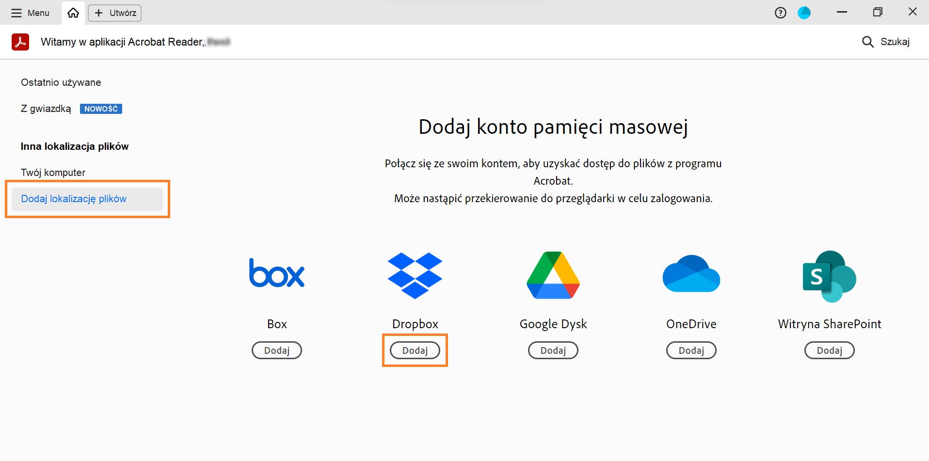 Zostanie wyświetlone okno dodawania konta pamięci