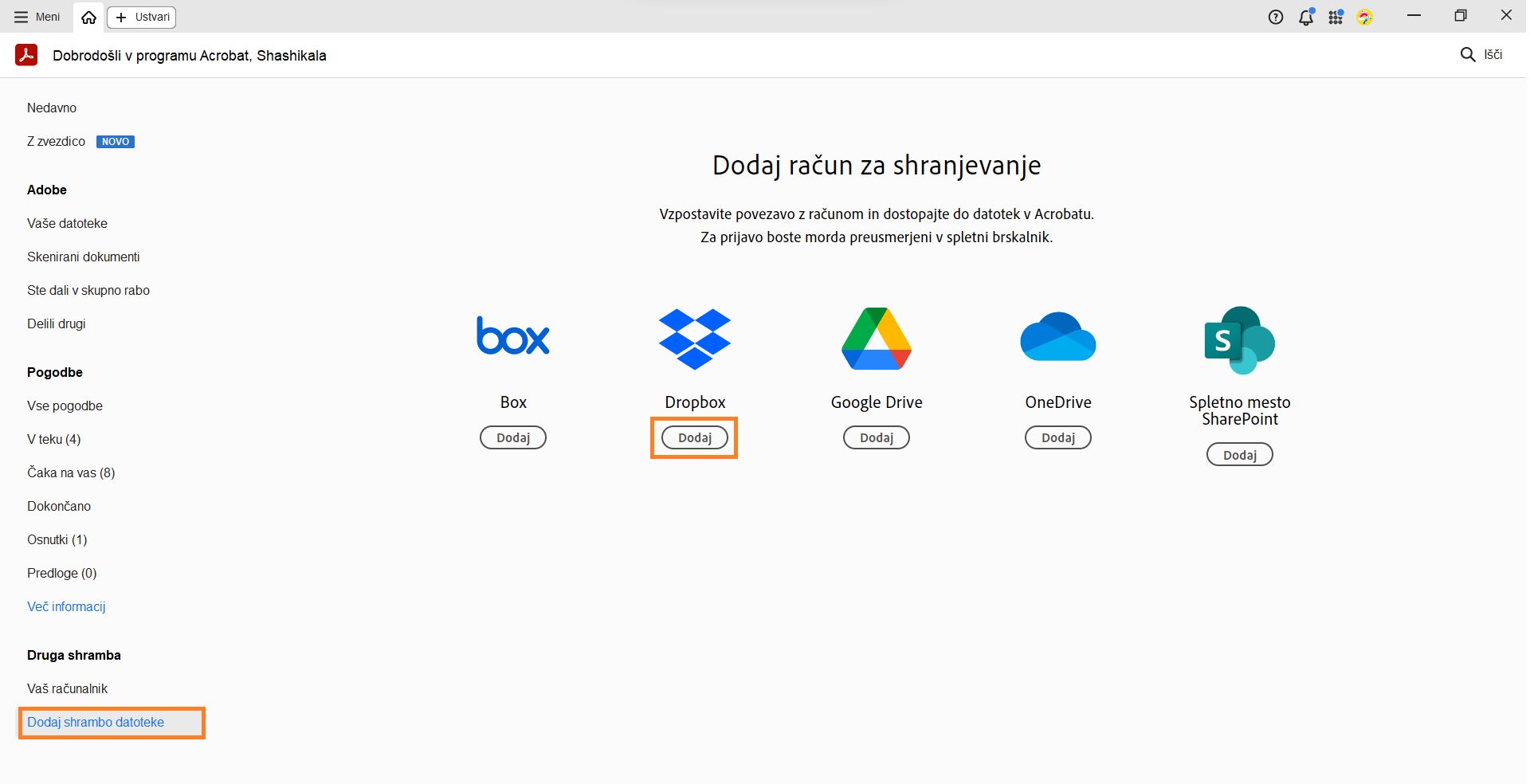 Prikaže se okno Dodajanje računa shrambe