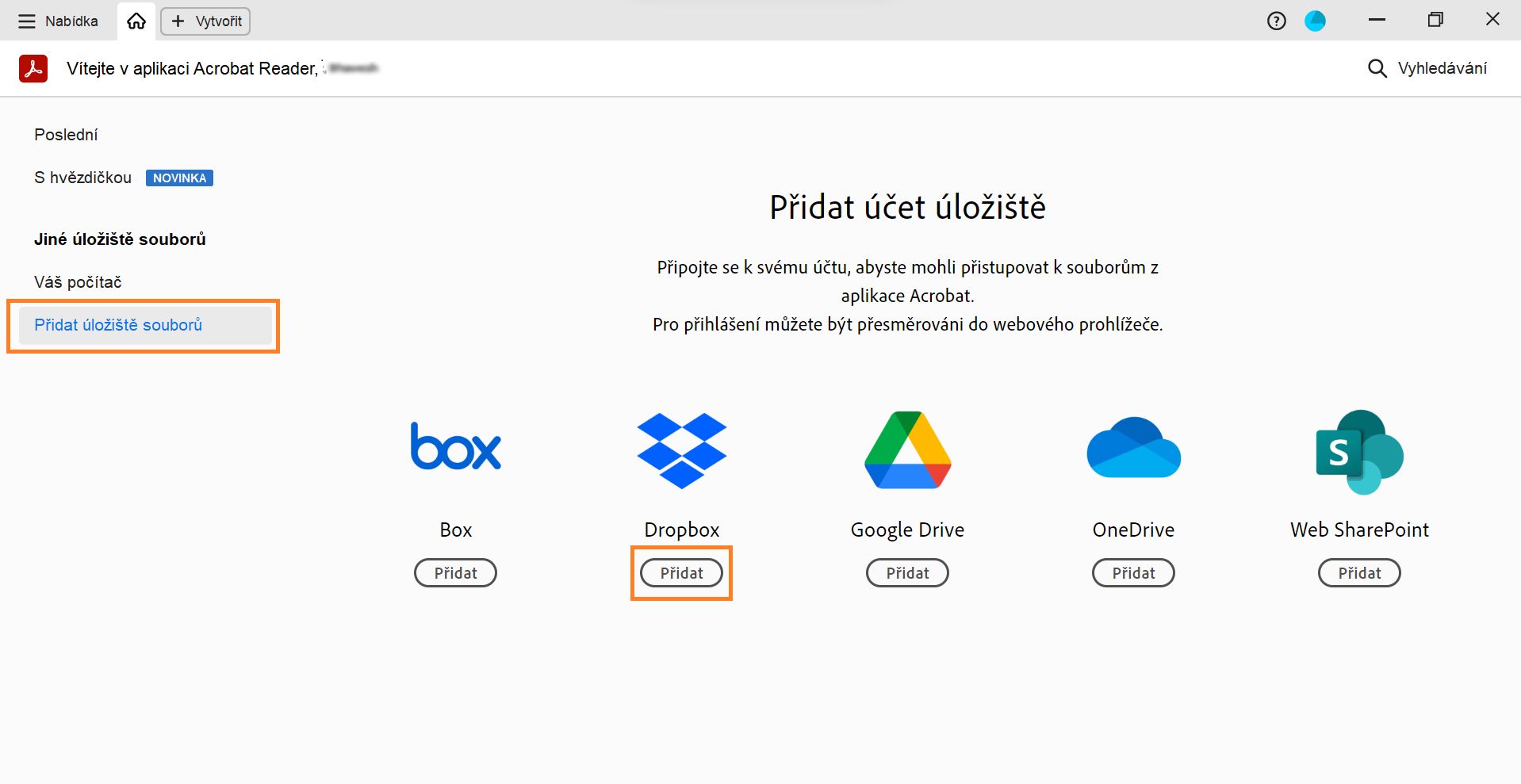 Zobrazí se okno Přidat účet úložiště