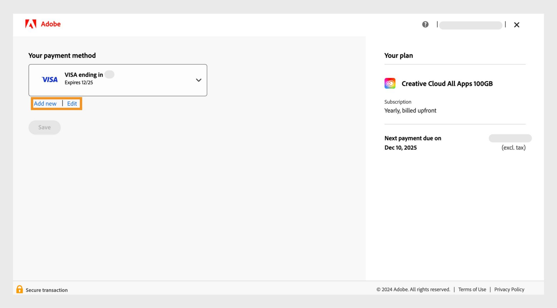 A janela de métodos de faturamento mostra os detalhes do seu plano, os detalhes de pagamento e opções para adicionar ou editar detalhes de pagamento. 