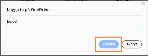 Dialogrutan Logga in på OneDrive visas
