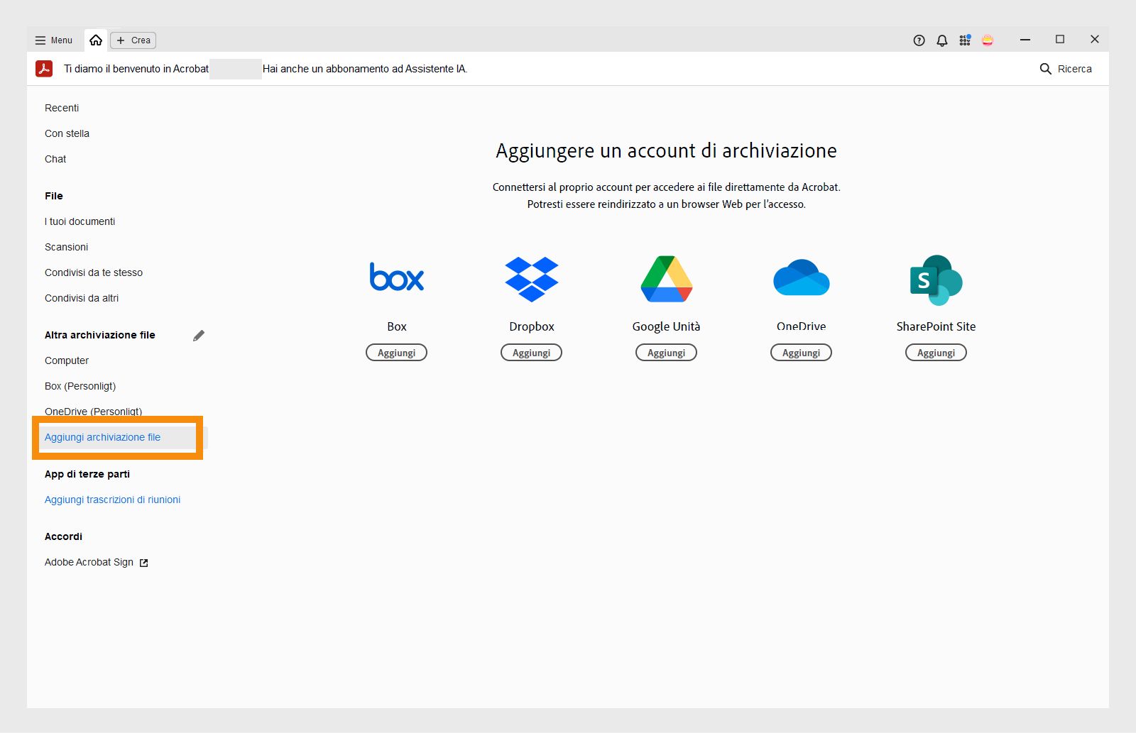 Aggiungere gli account di archiviazione online dalla vista Home