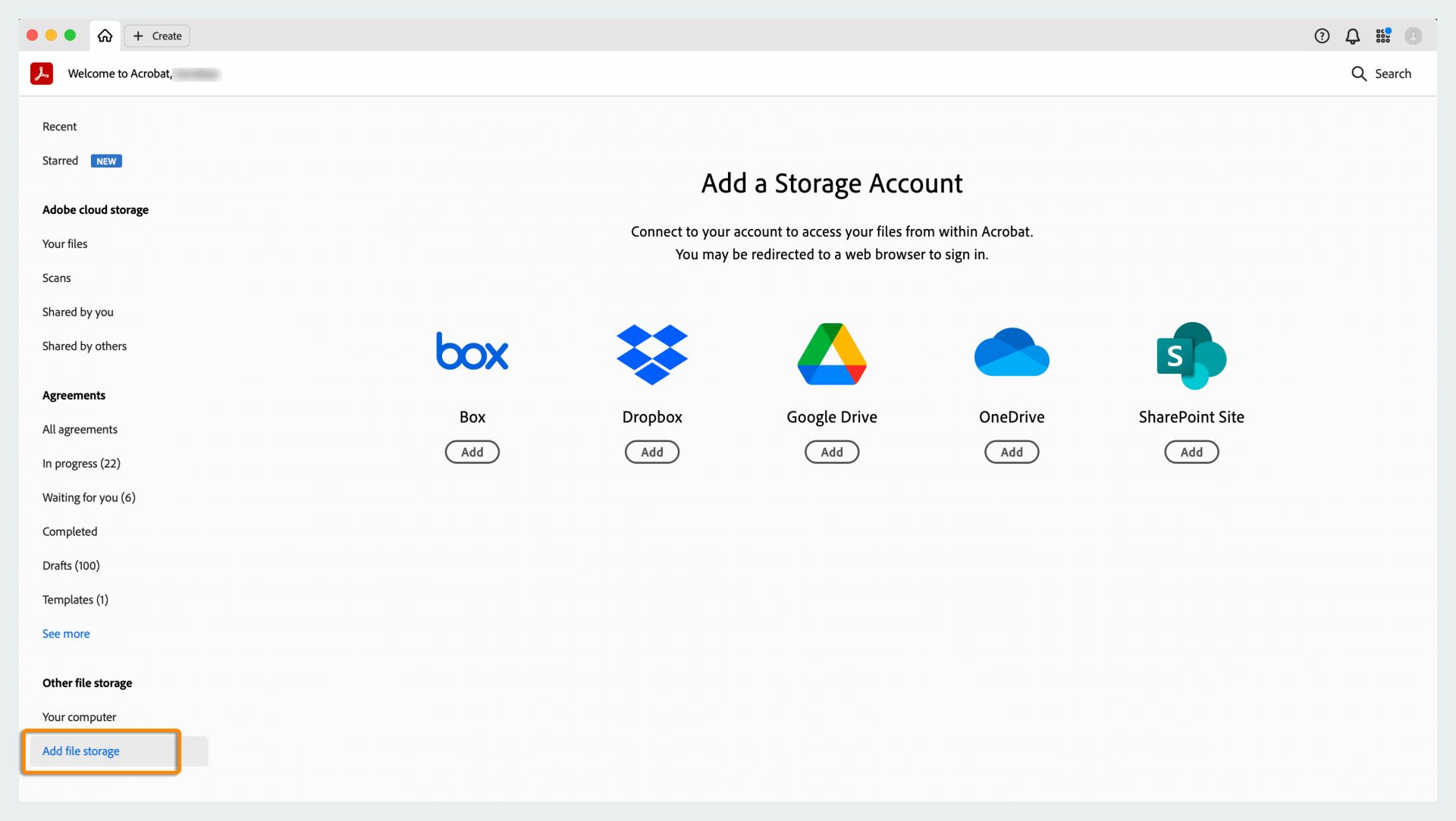 הוספת חשבונות אחסון מקוונים מהתצוגה Home