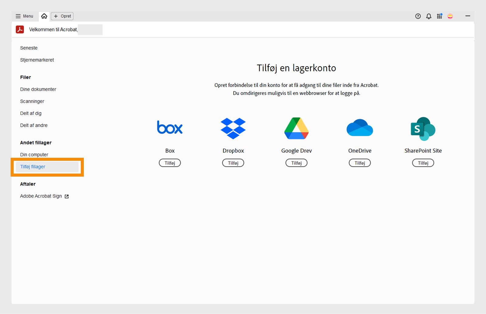 Tilføj konti til onlinelager fra Hjem-visningen
