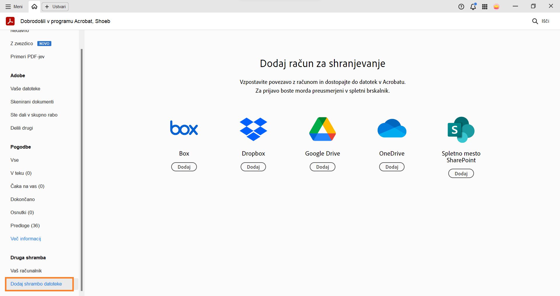 Dodajanje računov za spletne shrambe v domačem pogledu