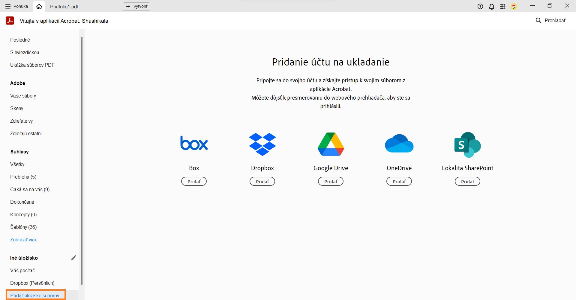 Pridanie online účtov úložísk zo zobrazenia Domov