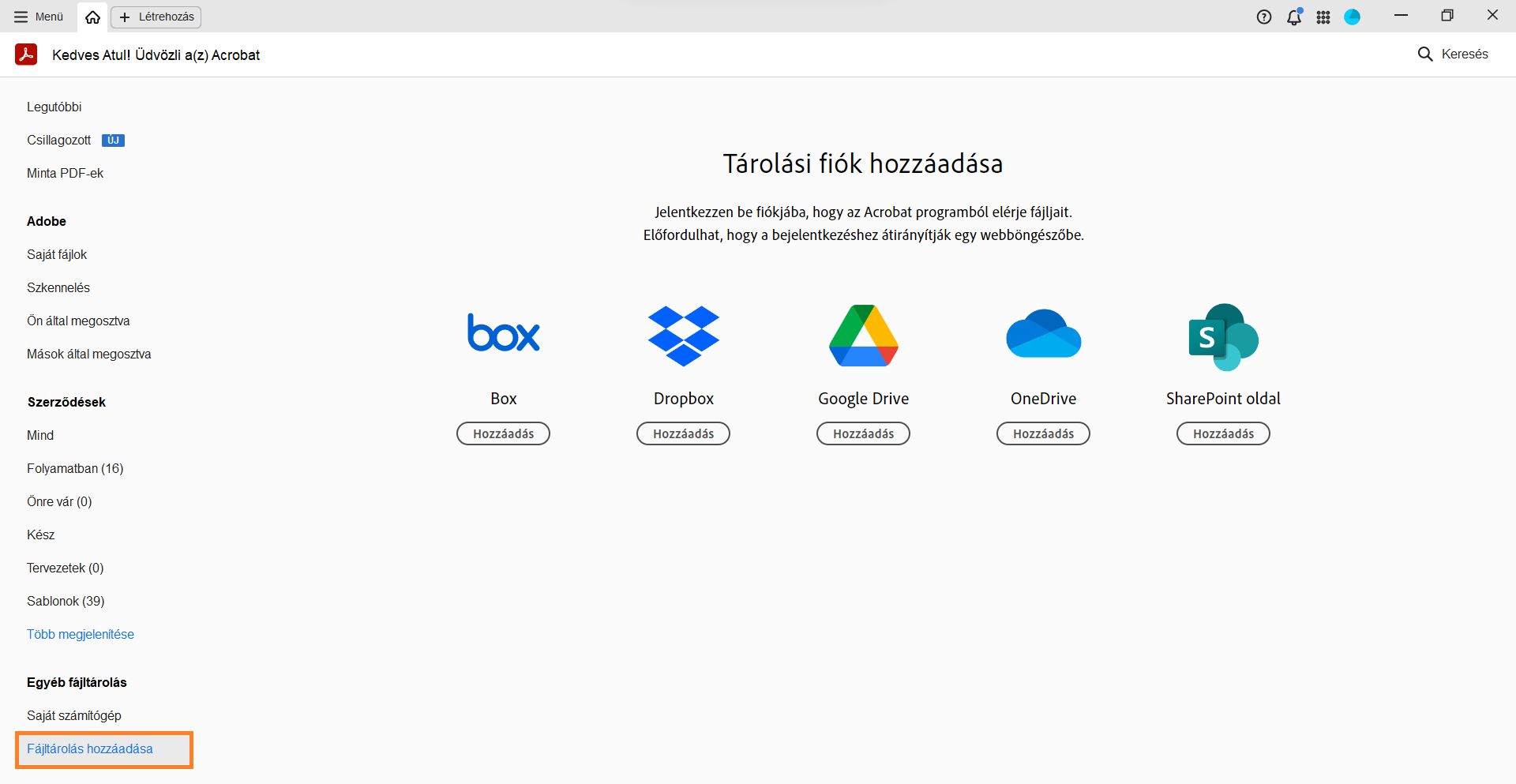 Online tárolású fiókok hozzáadása a Kezdőlap nézetből