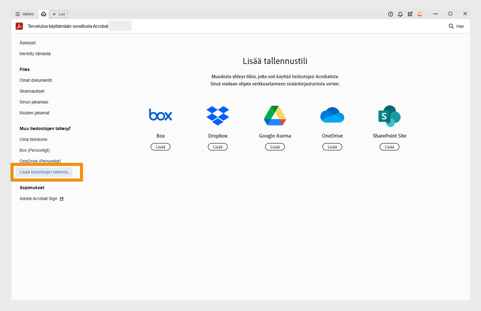 Verkkotallennustilien lisääminen aloitusnäkymässä