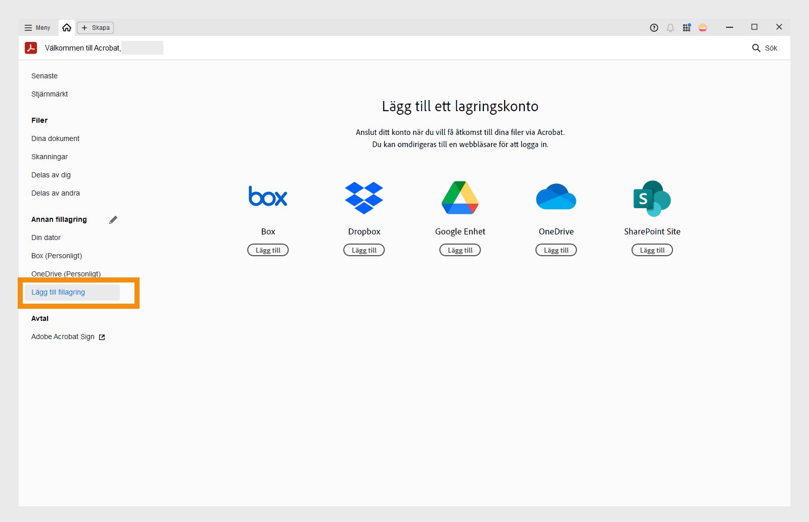 Lägga till onlinelagringskonton från hemvyn