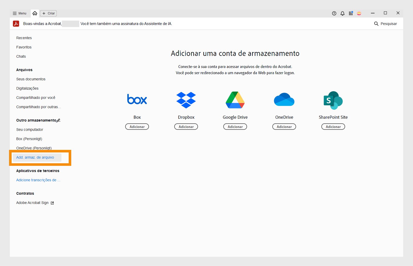 Adicionar contas de armazenamento online na exibição de Início