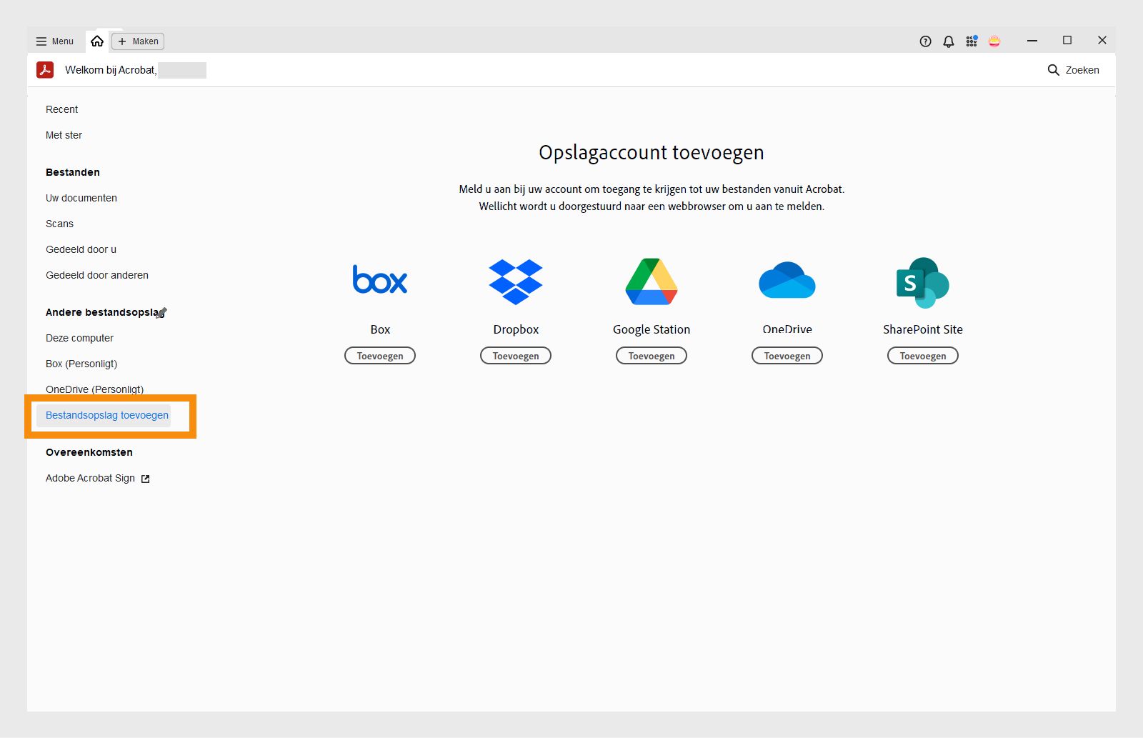Onlineopslagaccounts toevoegen in de weergave Start