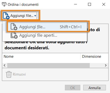 Selezionare e aggiungere file