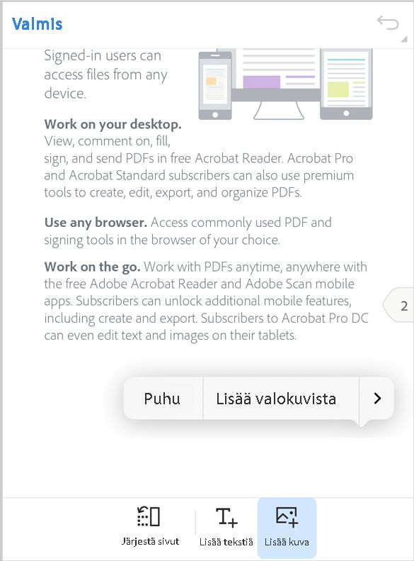 Kuvan lisääminen PDF-tiedostoon Acrobat iOS:issa