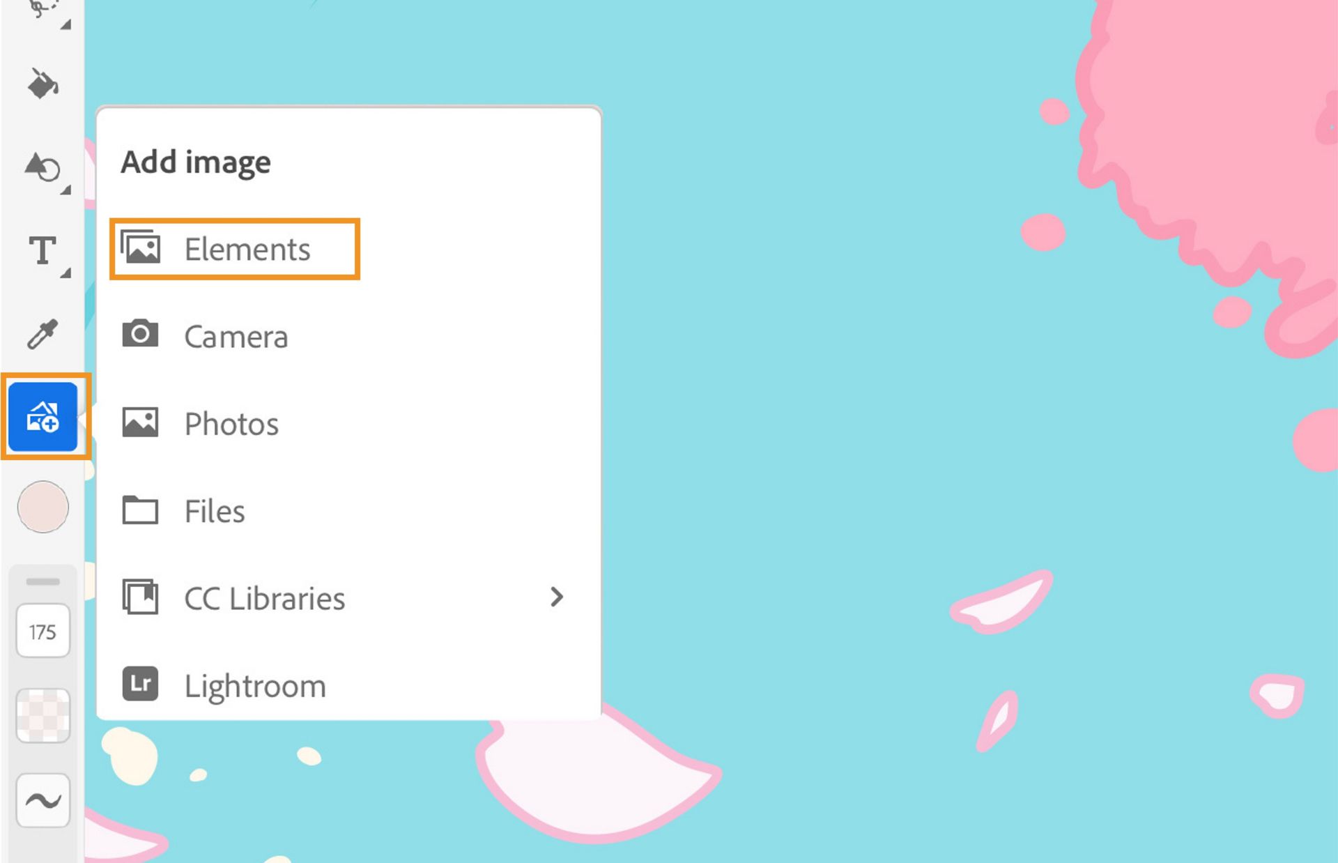 Een screenshot met verschillende opties wanneer u op het pictogram Afbeelding toevoegen klikt