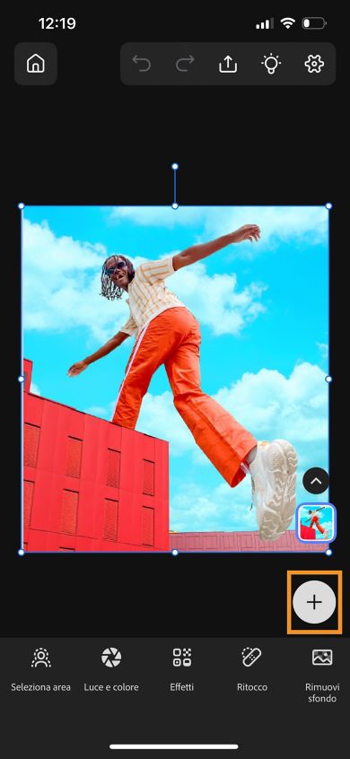 Nell'area di lavoro è evidenziato il menu Aggiungi immagine, che consente di aggiungere un'immagine secondaria da dalle foto sul dispositivo, da Adobe Stock e altre origini.