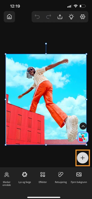 Lerretet fremhever Legg til bilde-menyen, der du kan legge til et sekundært bilde fra Bilder, fra Adobe Stock med mer.