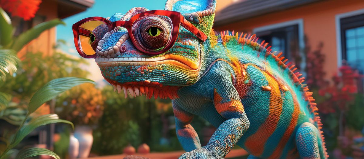 Detailní záběr na zářivě zbarveného chameleona s texturovaným povrchem kůže v odstínech modré, zelené, oranžové a žluté. Chameleon má velké červené brýle s reflexními čočkami. V pozadí je rozmazaný výhled na dům s teplým osvětlením, což naznačuje venkovní prostředí během večera. 