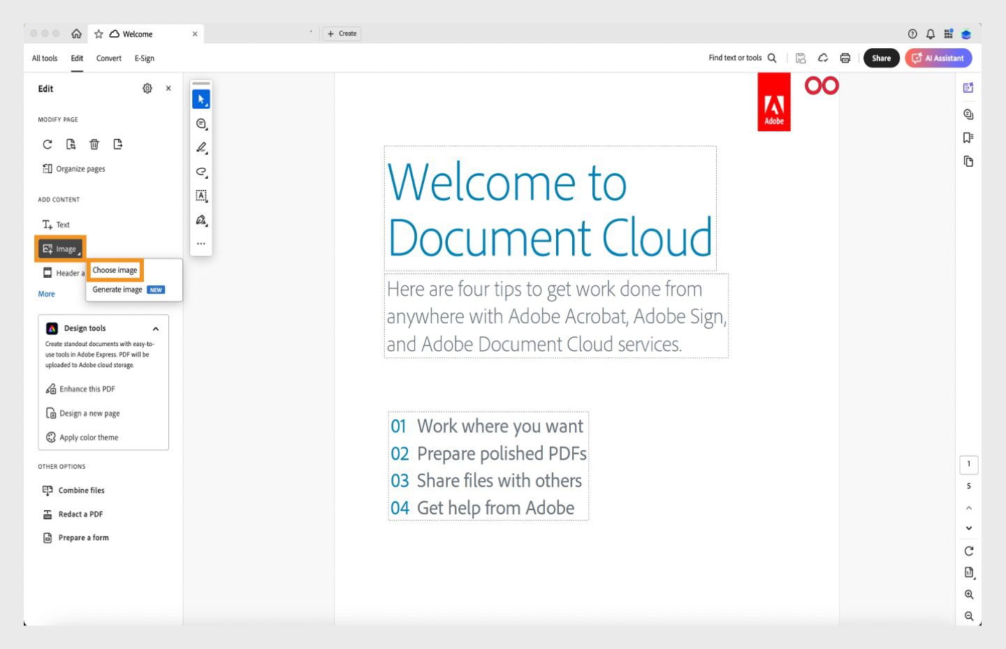 يتم فتح ملف PDF في Acrobat، ويتم تمييز خيار &quot;اختيار صورة&quot;.
