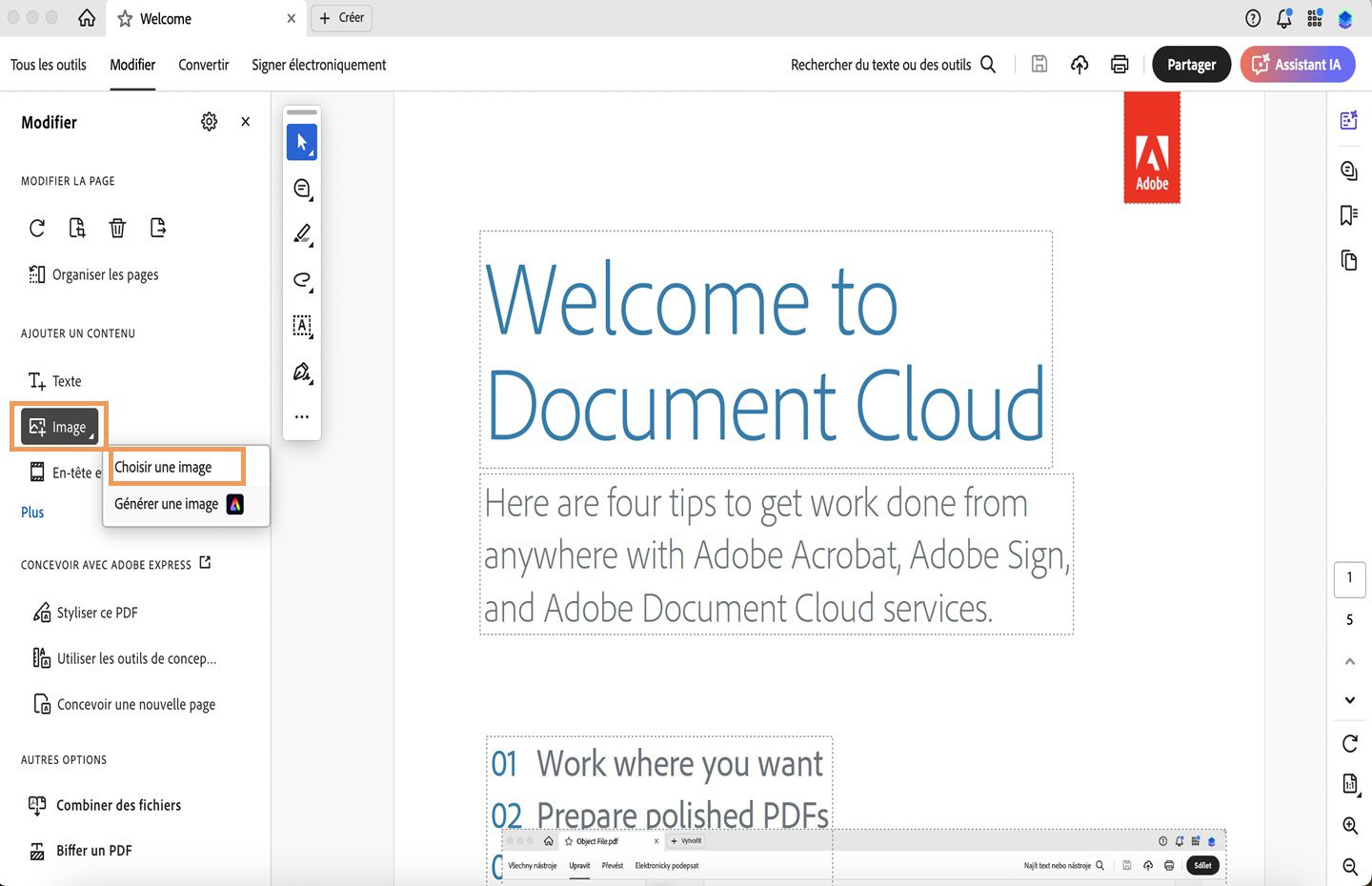 Un PDF s’ouvre dans Acrobat et l’option Choisir une image est mise en surbrillance.